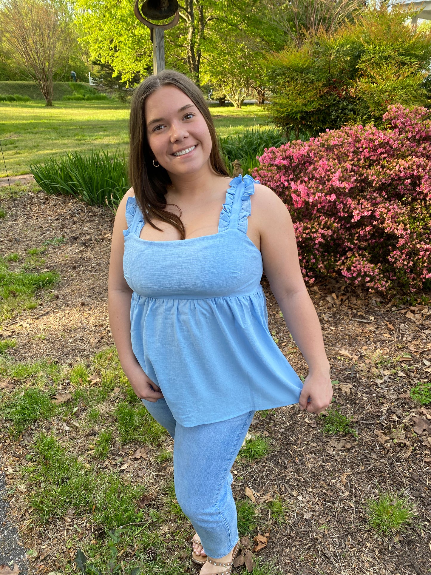 Blue Ruffle Sleeve Tank