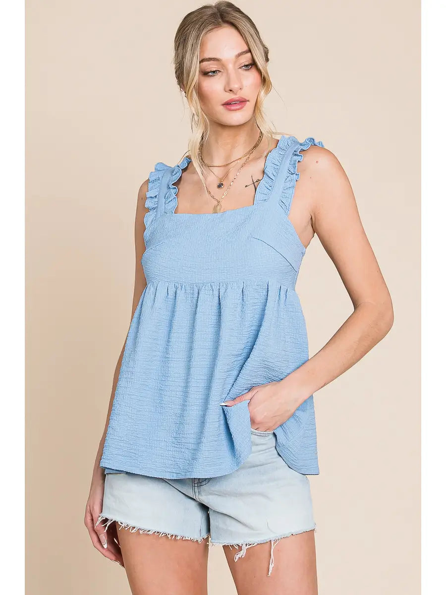 Blue Ruffle Sleeve Tank